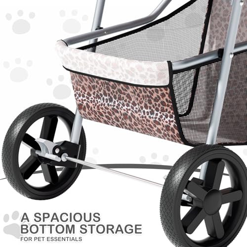 3 Wheels Pet Dog Cat Stroller for Small Medium Dogs Cats, Lightweight Foldable Jogger Stroller w/Storage Basket & Cup Holder, Leopard Print