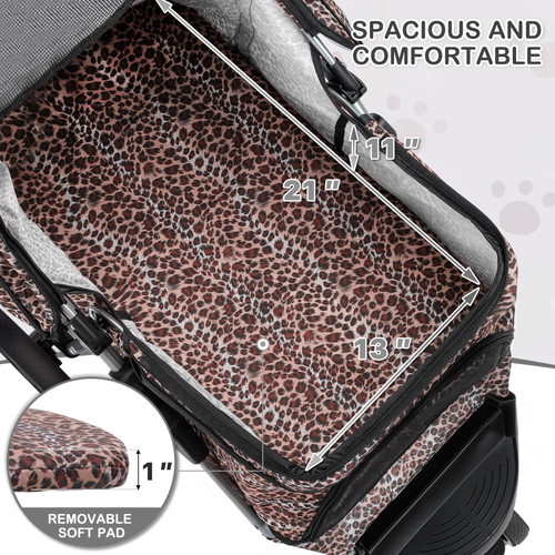 3 Wheels Pet Dog Cat Stroller for Small Medium Dogs Cats, Lightweight Foldable Jogger Stroller w/Storage Basket & Cup Holder, Leopard Print