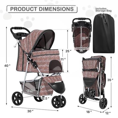 3 Wheels Pet Dog Cat Stroller for Small Medium Dogs Cats, Lightweight Foldable Jogger Stroller w/Storage Basket & Cup Holder, Leopard Print