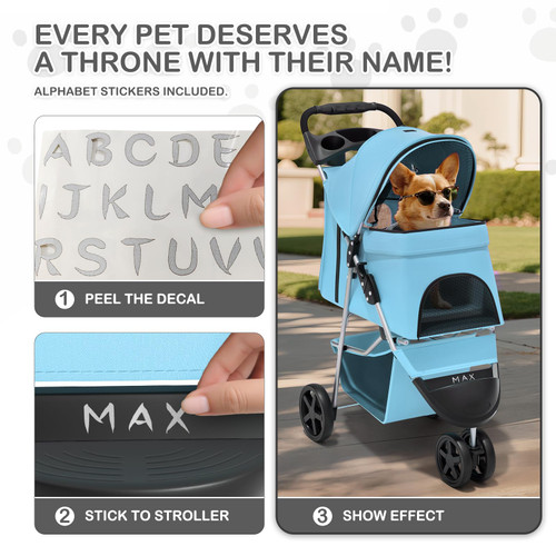 3 Wheels Pet Dog Cat Stroller for Small Medium Dogs Cats, Lightweight Foldable Jogger Stroller w/Storage Basket and Cup Holder, Mint Green