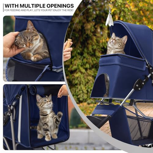 3 Wheels Pet Stroller, Foldable Dog Cat Cage Jogger Stroller with Weather Cover for All-Season, Storage Basket and Cup Holder, Breathable and Visible Mesh for Small/Medium Pets, Blue