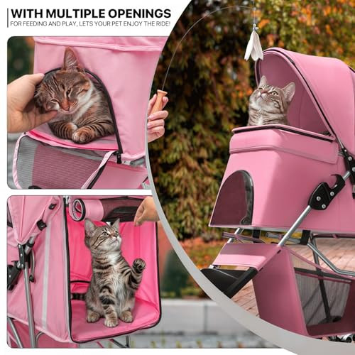 3-Wheels Foldable Pet Stroller with Waterproof Cover, Pet Strolling Cart for Small/Medium Dogs and Cats with Storage Basket and Cup Holder, Breathable and Visible Mesh for All-Season, Pink