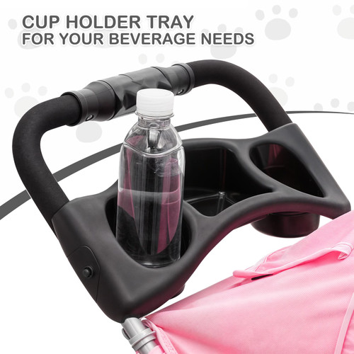3-Wheels Foldable Pet Stroller with Waterproof Cover, Pet Strolling Cart for Small/Medium Dogs and Cats with Storage Basket and Cup Holder, Breathable and Visible Mesh for All-Season, Pink