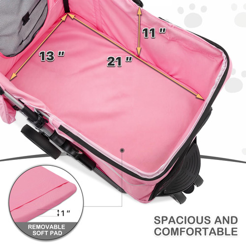 3-Wheels Foldable Pet Stroller with Waterproof Cover, Pet Strolling Cart for Small/Medium Dogs and Cats with Storage Basket and Cup Holder, Breathable and Visible Mesh for All-Season, Pink