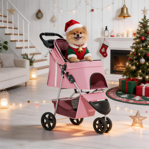 3-Wheels Foldable Pet Stroller with Waterproof Cover, Pet Strolling Cart for Small/Medium Dogs and Cats with Storage Basket and Cup Holder, Breathable and Visible Mesh for All-Season, Pink