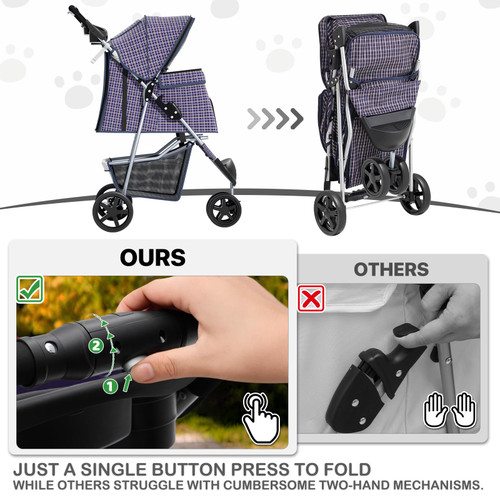 3 Wheels Pet Dog Cat Stroller for Small Medium Dogs Cats, Lightweight Foldable Jogger Stroller w/Storage Basket and Cup Holder, Plaid