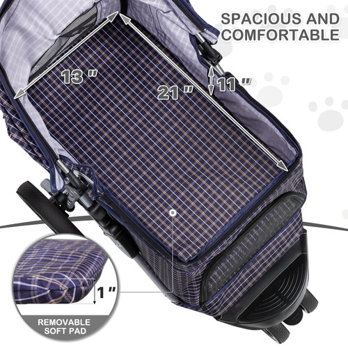 3 Wheels Pet Dog Cat Stroller for Small Medium Dogs Cats, Lightweight Foldable Jogger Stroller w/Storage Basket and Cup Holder, Plaid