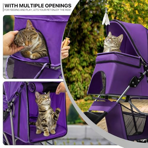 3 Wheels Pet Dog Cat Stroller for Small Medium Dogs Cats, Lightweight Foldable Jogger Stroller w/Storage Basket and Cup Holder, Purple