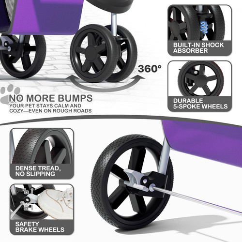 3 Wheels Pet Dog Cat Stroller for Small Medium Dogs Cats, Lightweight Foldable Jogger Stroller w/Storage Basket and Cup Holder, Purple