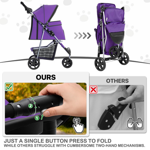 3 Wheels Pet Dog Cat Stroller for Small Medium Dogs Cats, Lightweight Foldable Jogger Stroller w/Storage Basket and Cup Holder, Purple