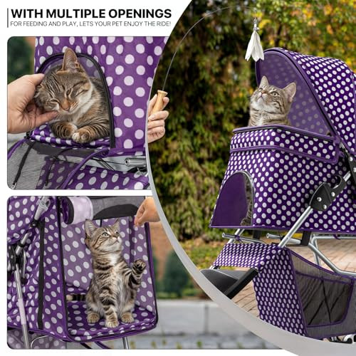 3 Wheels Pet Dog Cat Stroller for Small Medium Dogs Cats, Foldable Jogger Stroller w/Storage Basket and Cup Holder, Purple Polka Dots