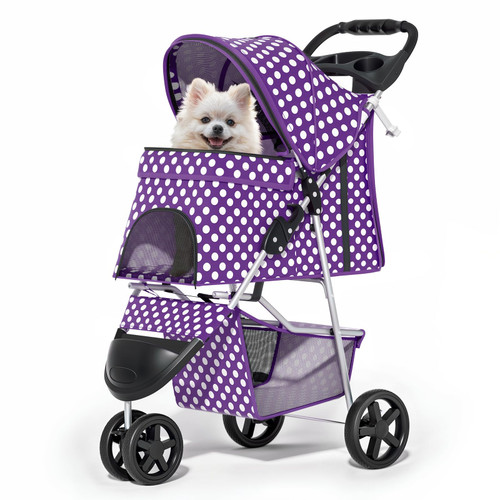 3 Wheels Pet Dog Cat Stroller for Small Medium Dogs Cats, Foldable Jogger Stroller w/Storage Basket and Cup Holder, Purple Polka Dots