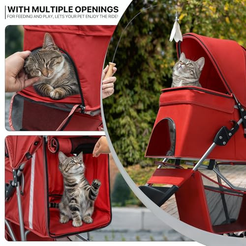 3 Wheels Pet Stroller, Foldable Puppy Cage Jogger Stroller with Weather Cover for All-Season, Storage Basket and Cup Holder, Breathable and Visible Mesh for Small/Medium Pets, Red