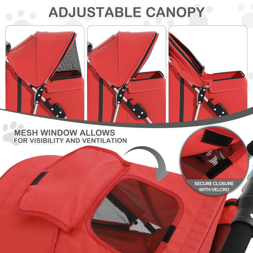 3 Wheels Pet Stroller, Foldable Puppy Cage Jogger Stroller with Weather Cover for All-Season, Storage Basket and Cup Holder, Breathable and Visible Mesh for Small/Medium Pets, Red