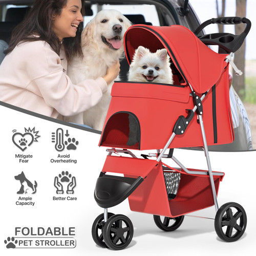 3 Wheels Pet Stroller, Foldable Puppy Cage Jogger Stroller with Weather Cover for All-Season, Storage Basket and Cup Holder, Breathable and Visible Mesh for Small/Medium Pets, Red