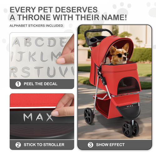 3 Wheels Pet Stroller, Foldable Puppy Cage Jogger Stroller with Weather Cover for All-Season, Storage Basket and Cup Holder, Breathable and Visible Mesh for Small/Medium Pets, Red