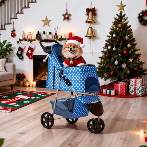 3 Wheels Pet Dog Cat Stroller for Small Medium Dogs Cats, Foldable Jogger Stroller w/Storage Basket and Cup Holder, Sky Blue Polka Dots