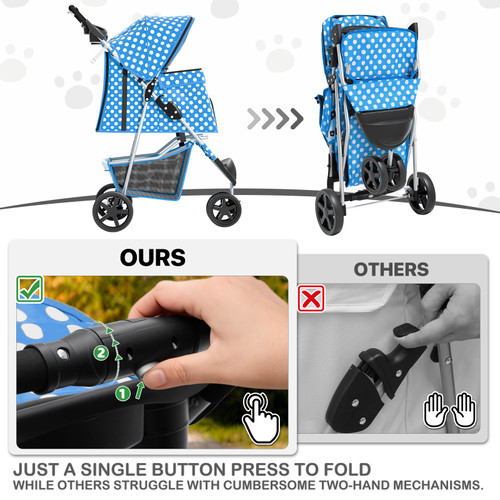 3 Wheels Pet Dog Cat Stroller for Small Medium Dogs Cats, Foldable Jogger Stroller w/Storage Basket and Cup Holder, Sky Blue Polka Dots