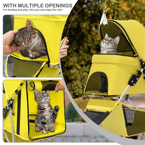 Foldable Pet Stroller with Waterproof Cover, 3-Wheels Dog Strolling Cart for Small/Medium Dogs and Cats with Storage Basket and Cup Holder, Breathable and Visible Mesh for All-Season, Yellow