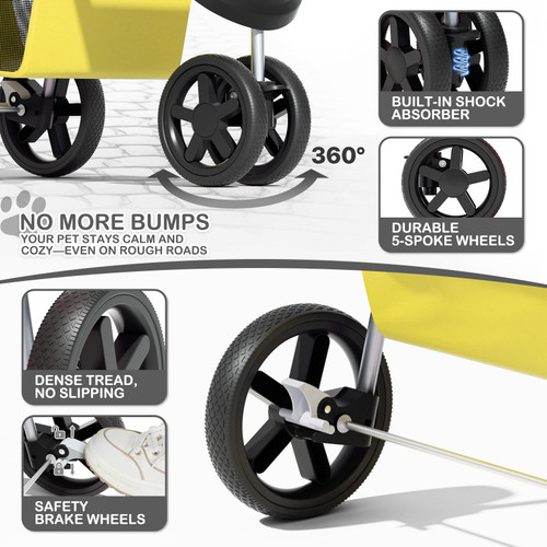 Foldable Pet Stroller with Waterproof Cover, 3-Wheels Dog Strolling Cart for Small/Medium Dogs and Cats with Storage Basket and Cup Holder, Breathable and Visible Mesh for All-Season, Yellow