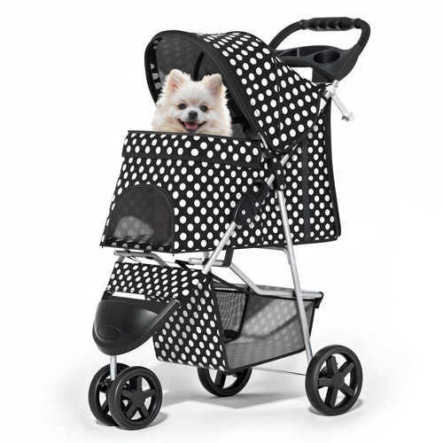 3 Wheels Pet Dog Cat Stroller for Small Medium Dogs Cats, Foldable Jogger Stroller w/Storage Basket and Cup Holder, Black Polka Dots