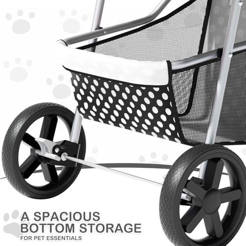 3 Wheels Pet Dog Cat Stroller for Small Medium Dogs Cats, Foldable Jogger Stroller w/Storage Basket and Cup Holder, Black Polka Dots