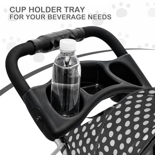 3 Wheels Pet Dog Cat Stroller for Small Medium Dogs Cats, Foldable Jogger Stroller w/Storage Basket and Cup Holder, Black Polka Dots