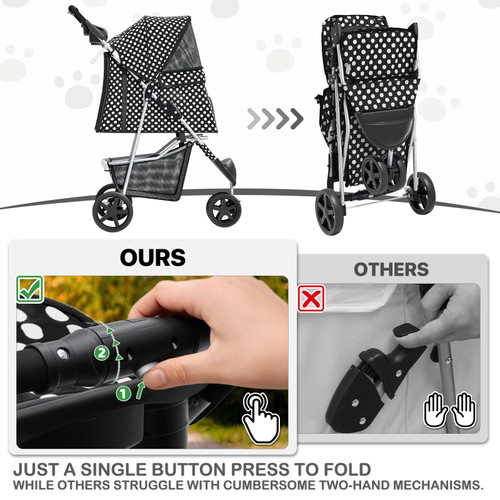 3 Wheels Pet Dog Cat Stroller for Small Medium Dogs Cats, Foldable Jogger Stroller w/Storage Basket and Cup Holder, Black Polka Dots