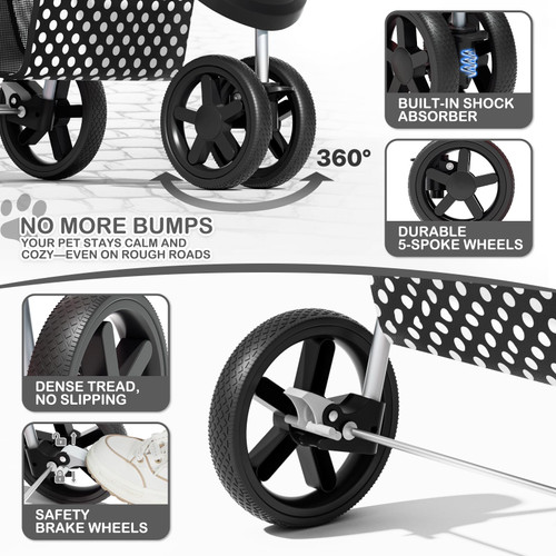 3 Wheels Pet Dog Cat Stroller for Small Medium Dogs Cats, Foldable Jogger Stroller w/Storage Basket and Cup Holder, Black Polka Dots