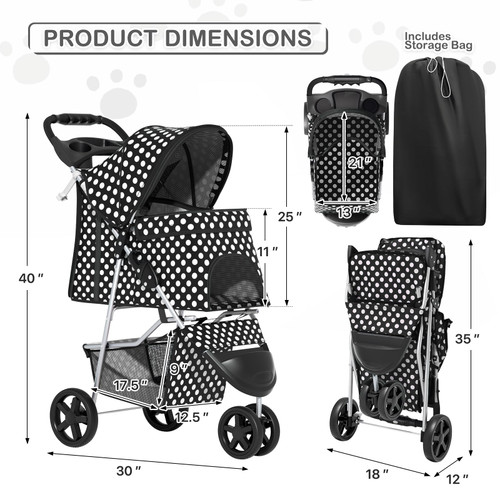 3 Wheels Pet Dog Cat Stroller for Small Medium Dogs Cats, Foldable Jogger Stroller w/Storage Basket and Cup Holder, Black Polka Dots