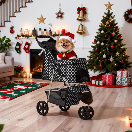 3 Wheels Pet Dog Cat Stroller for Small Medium Dogs Cats, Foldable Jogger Stroller w/Storage Basket and Cup Holder, Black Polka Dots