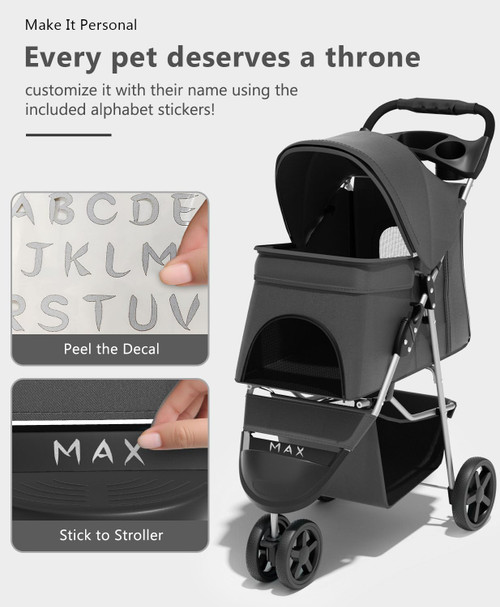 Pet Stroller with 3 Wheels for Small/Medium Pets, Portable Travel Foldable Carrier Jogger for Dog Cat Puppy Kitty, Rear Wheel Breaks, Storage Basket, Visible Mesh with Weather Cover (Black)