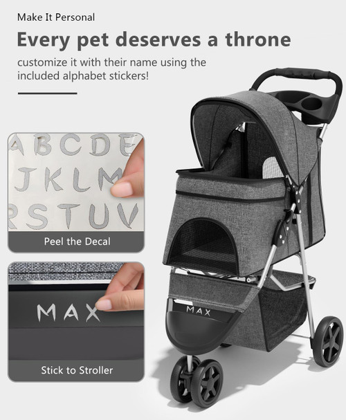 Pet Stroller with 3 Wheels for Small/Medium Pets, Portable Travel Foldable Carrier Jogger for Dog Cat Puppy Kitty, Rear Wheel Breaks, Storage Basket, Visible Mesh with Weather Cover (Gray)