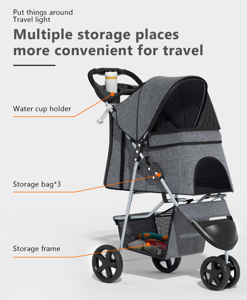 Pet Stroller with 3 Wheels for Small/Medium Pets, Portable Travel Foldable Carrier Jogger for Dog Cat Puppy Kitty, Rear Wheel Breaks, Storage Basket, Visible Mesh with Weather Cover (Gray)