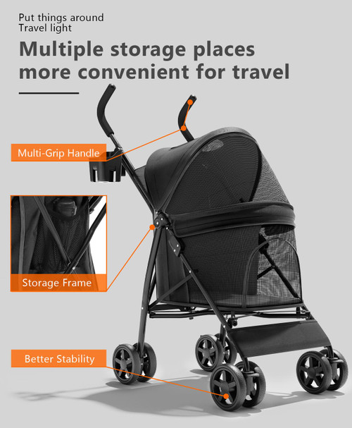 Pet Stroller with 4 Wheels for Small/Medium Pets, Portable Travel Foldable Carrier Jogger for Dog Cat Puppy Kitty, Rear Wheel Breaks, Storage Basket, Visible Mesh with Weather Cover (Black)