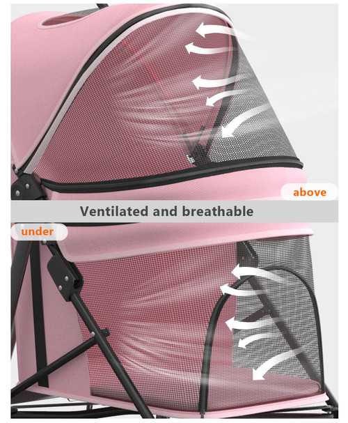 Pet Stroller with 4 Wheels for Small/Medium Pets, Portable Travel Foldable Carrier Jogger for Dog Cat Puppy Kitty, Rear Wheel Breaks, Storage Basket, Visible Mesh with Weather Cover (Pink)