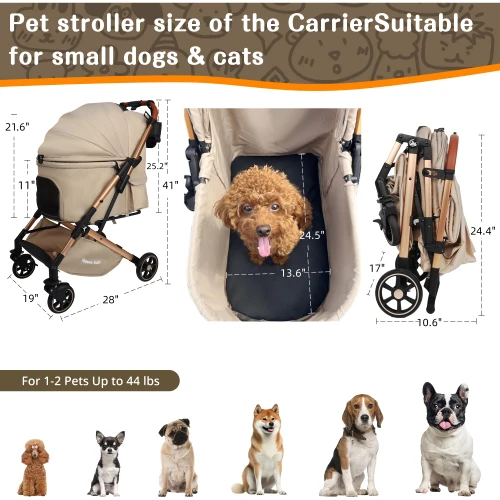 Pet Stroller with One-Click Folding & Storage Basket, for Small and Medium Dogs Up to 44lbs, Secure Zip Mesh Entry, Breathable & Washable for Cats