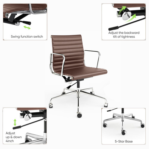 Ribbed Office Chair with Top Grain Leather - Mid Back Ergonomic Desk Chair with Aluminum Arm Rest and 5-Star Base, Swivel Chair Brown