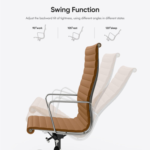 Ribbed Office Chair with Top Grain Leather - High Back Ergonomic Desk Chair with Aluminum Arm Rest and 5-Star Base, Swivel Chairs Light Brown