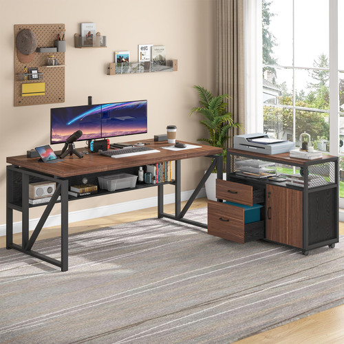 Office Desk with Drawers Sets, 63 inches L Shaped Computer Desk with Mobile File Cabinet,Big Executive Desk for Home Office Furniture Sets (Dark Brown, 63-inch)