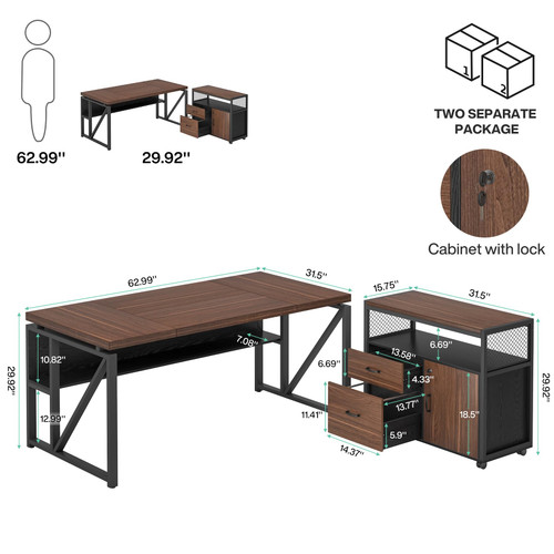 Office Desk with Drawers Sets, 63 inches L Shaped Computer Desk with Mobile File Cabinet,Big Executive Desk for Home Office Furniture Sets (Dark Brown, 63-inch)