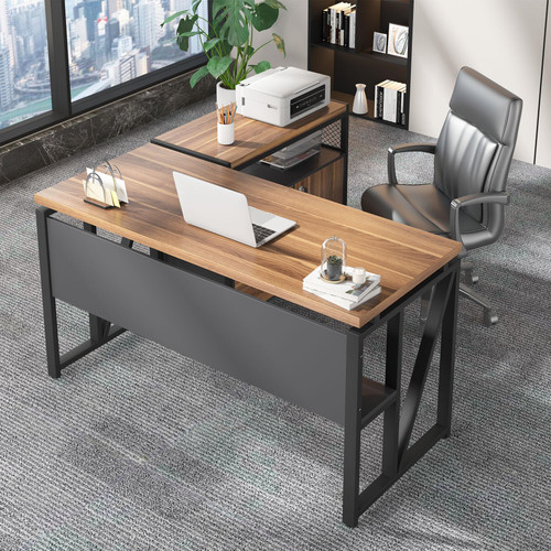 55" Executive Desk with Reversible File Cabinet, Large L-Shaped Office Desk with Drawers, Business Furniture Workstation for Home Office (Dark Walnut, 55-inch)