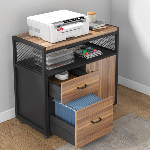 55" Executive Desk with Reversible File Cabinet, Large L-Shaped Office Desk with Drawers, Business Furniture Workstation for Home Office (Dark Walnut, 55-inch)