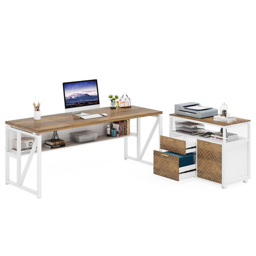 Office Desk with Drawers Sets, 63 inches L Shaped Computer Desk with Mobile File Cabinet,Big Executive Desk for Home Office Furniture Sets (Light Walnut, 63-inch)