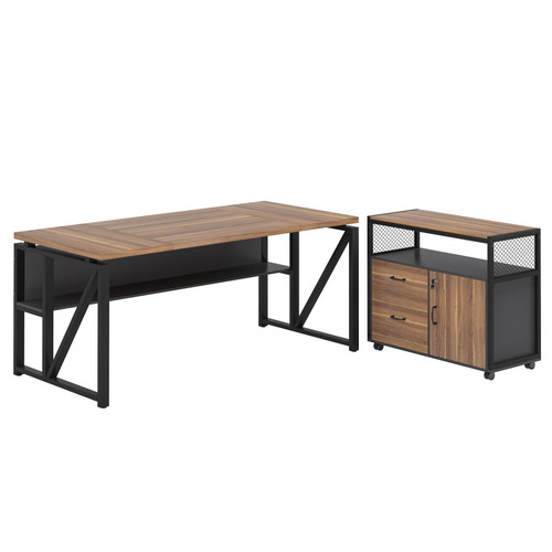 63" Executive Desk with Reversible File Cabinet, Large L-Shaped Office Desk with Drawers, Business Furniture Workstation for Home Office