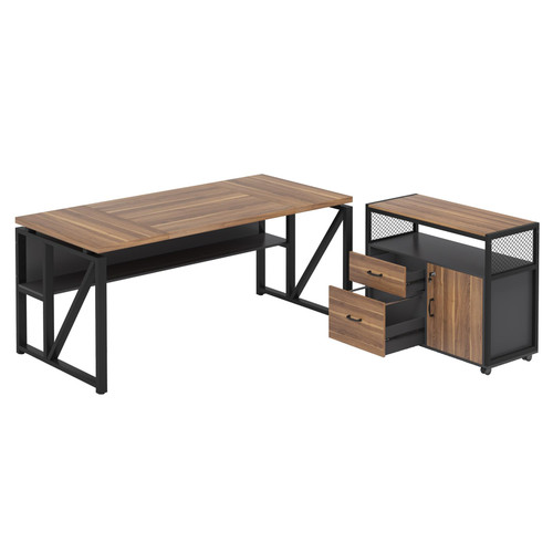 63" Executive Desk with Reversible File Cabinet, Large L-Shaped Office Desk with Drawers, Business Furniture Workstation for Home Office