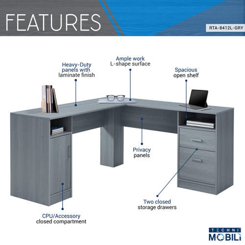 Functional L-Shaped Computer Desk with storage, L is ⁠59.5" wide x 59.5" Long, Grey