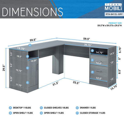 Functional L-Shaped Computer Desk with storage, L is ⁠59.5" wide x 59.5" Long, Grey