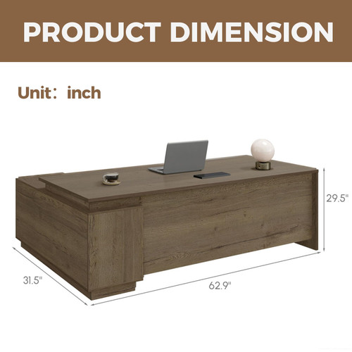 L-Shaped Executive Workstation with Lockable Drawers, 63” Large Office Furniture with Storage Cabinet & Cable Management, Reversible Home Office Setup (Walnut, 63”×32”×30”)