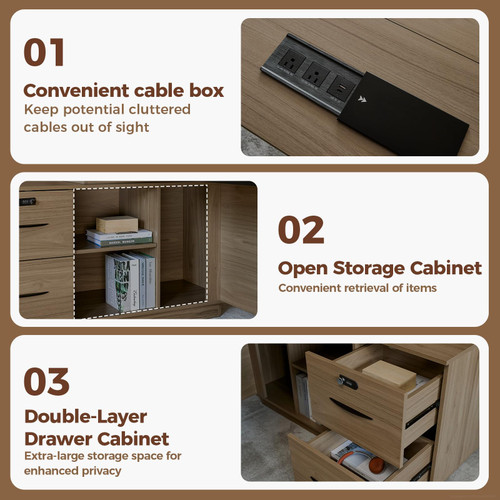 L-Shaped Executive Workstation with Lockable Drawers, 63” Large Office Furniture with Storage Cabinet & Cable Management, Reversible Home Office Setup (Walnut, 63”×32”×30”)
